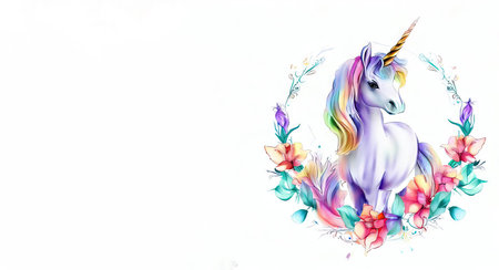 Hand drawn watercolor unicorn with flowers and leaves isolated on white backgroundの素材