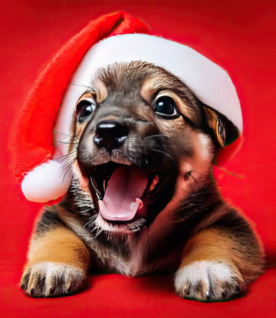 Cute puppy in santa claus hat on red background.の素材