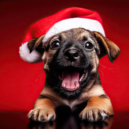 christmas puppy with santa claus hat on a red backgroundの素材