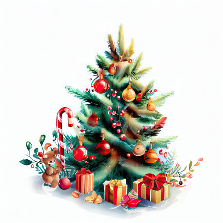 Christmas tree with decorations and gifts on white background. Vector illustration.の素材