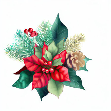 Christmas greeting card with poinsettia and fir branches. Vector illustration.の素材