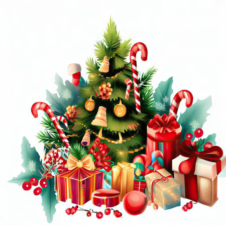 Christmas tree with gifts and decorations on white background. Vector illustration.の素材