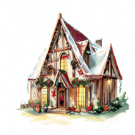 Christmas house with ornaments and garlands, watercolor illustrationの素材