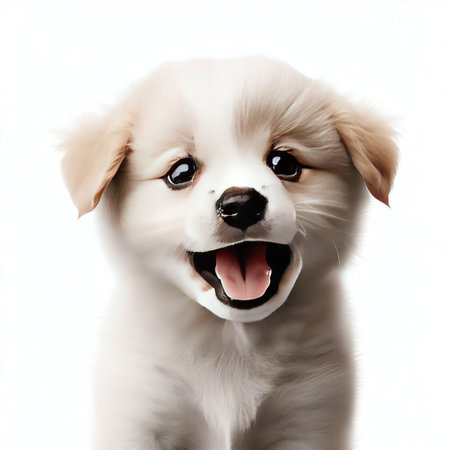 Portrait of a cute white puppy isolated on a white background.の素材