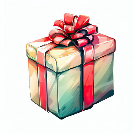 Illustration of a gift box with a red bow on a white backgroundの素材