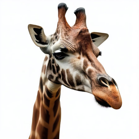 giraffe head isolated on white background, clipping path included.の素材