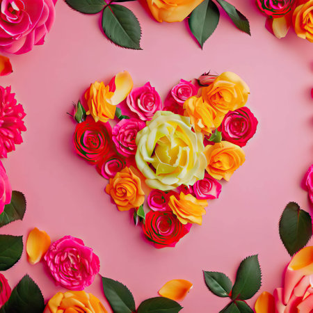 Creative layout made of colorful roses on pink background. Flat lay.の素材