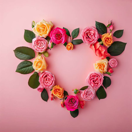 Heart shape made of colorful roses on pink background. Flat lay, top viewの素材