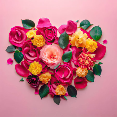 Heart shape made of colorful roses and petals on pink background.の素材