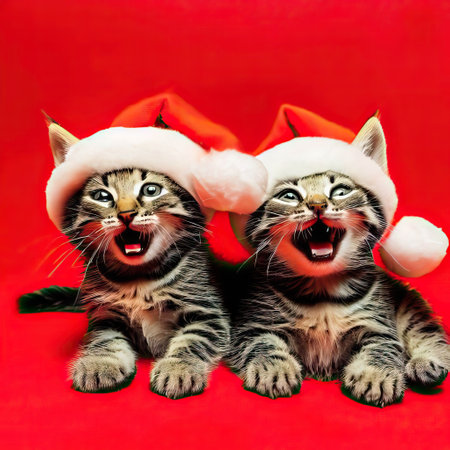 Two kittens in Santa Claus hats on a red background. Christmas concept.の素材