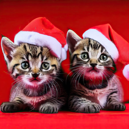 Two cute little kittens in Santa Claus hats on a red background.の素材