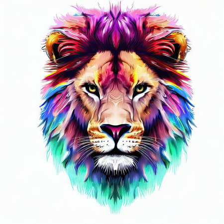 Colorful portrait of a lion on white background. Vector illustration.の素材