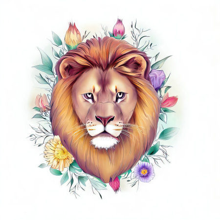 Lion head with flowers. Hand drawn vector illustration on white background.の素材
