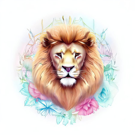 Lion head with flowers and leaves on white background. Vector illustration.の素材