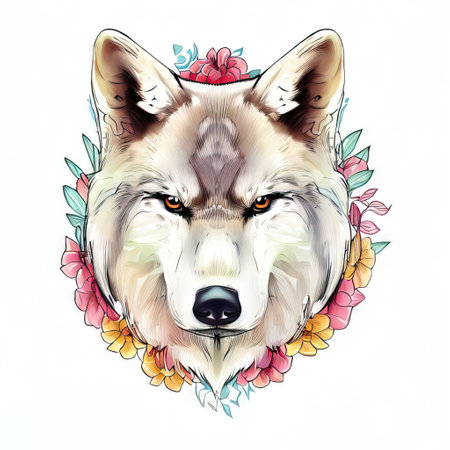 Portrait of a wolf with a wreath of flowers. Vector illustration.の素材