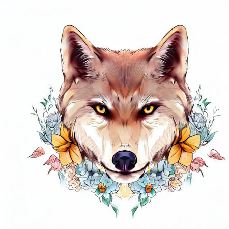 Portrait of a wolf with flowers on a white background. Vector illustration.の素材