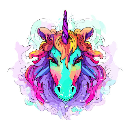 Unicorn head. Vector illustration of a fantasy unicorn with rainbow mane.のイラスト素材
