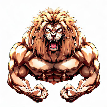 Vector illustration of a strong male lion bodybuilder on white background.の素材