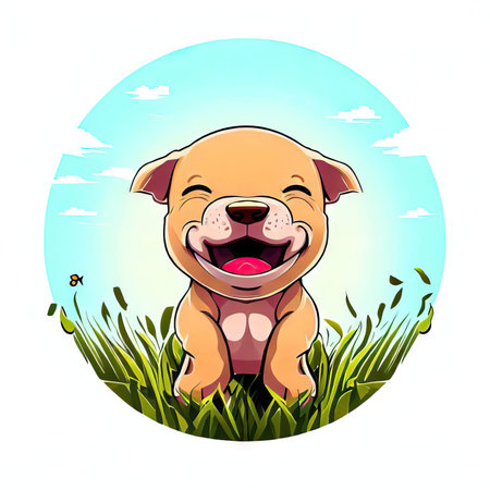 Cute cartoon dog sitting in the grass and smiling. Vector illustration.の素材