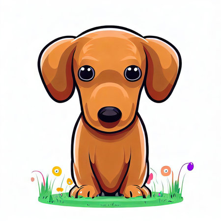 Cute cartoon dachshund dog sitting on grass. Vector illustration.の素材