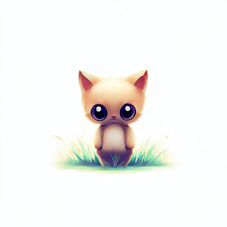Cute cartoon cat sitting in grass on white background. Vector illustration.の素材