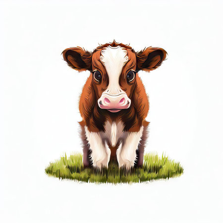 Cute brown cow standing on grass isolated on white background. Vector illustration.の素材