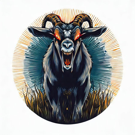 Goat head with big horns. Hand drawn vector illustration for tattoo or t-shirt design.の素材