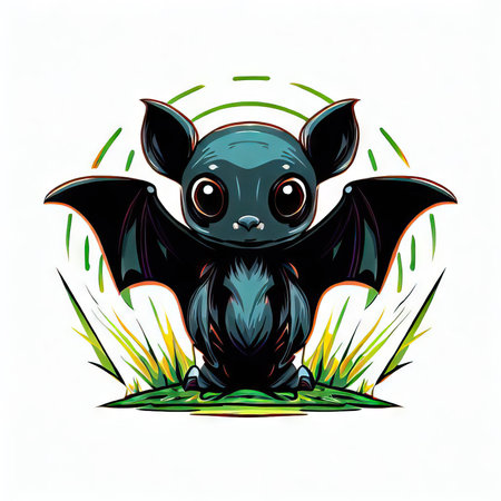 Vector illustration of cute cartoon bat in green grass isolated on white background.の素材