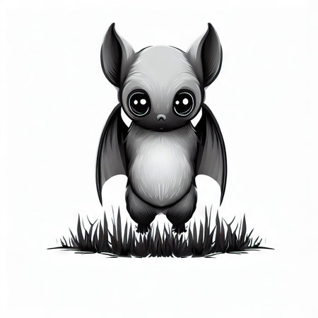 Vector image of a cute cartoon owl sitting in the grass on a white backgroundの素材