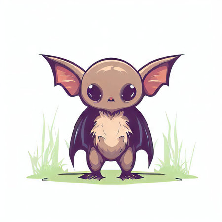 Cute cartoon bat on the grass. Vector illustration. Isolated on white background.の素材