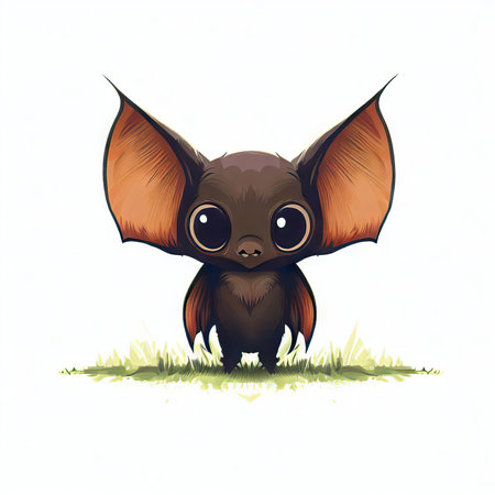 Cute cartoon baby bat on grass. Vector illustration isolated on white background.の素材
