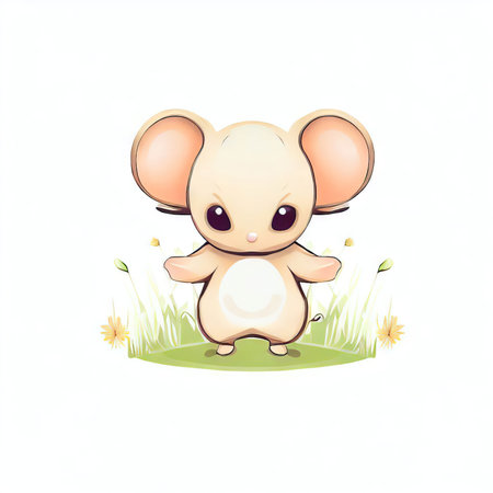 Cute cartoon mouse on a meadow with flowers. Vector illustration.の素材