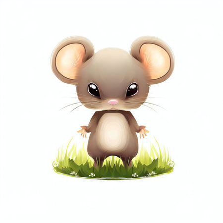 Cute cartoon mouse in the grass isolated on white background. Vector illustration.の素材