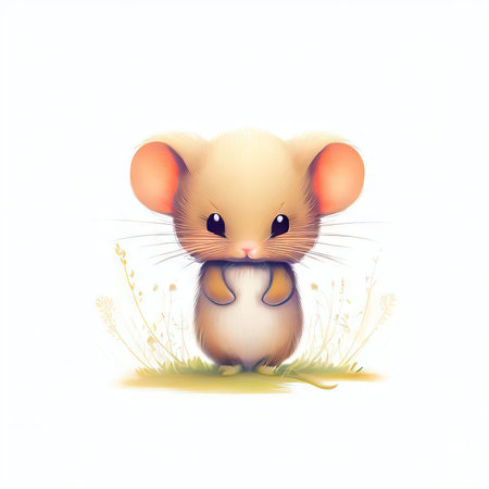 Vector illustration of a cute little mouse on a meadow with flowers.の素材