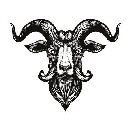 Goat head with beard and mustache. Black and white vector illustrationのイラスト素材
