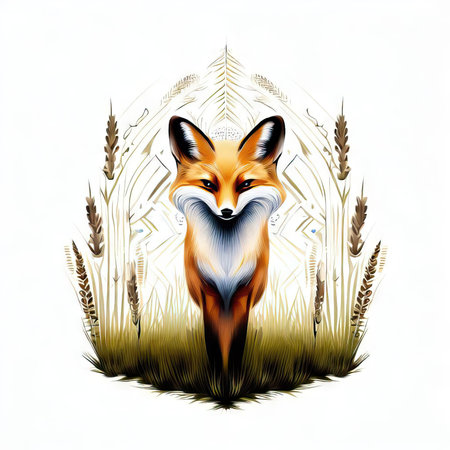 Vector image of a fox in the grass on a white background.の素材