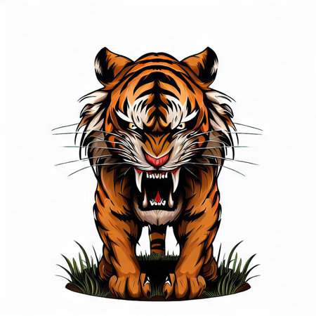 Tiger with sharp teeth on a white background. Vector illustration.の素材