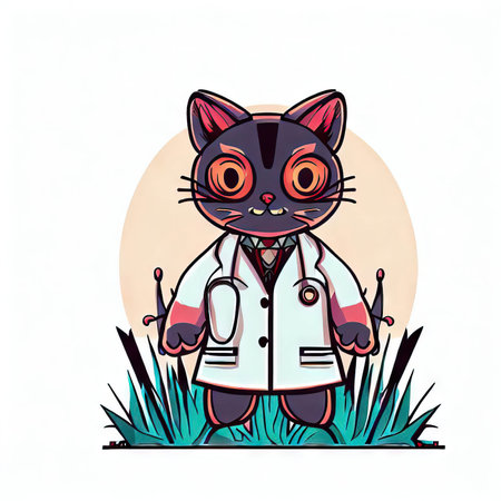 Vector illustration of a cute cat in a medical coat with a stethoscope.の素材
