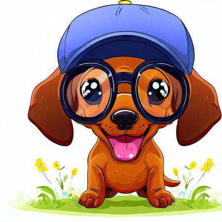 Cartoon dachshund dog wearing a baseball cap and glassesの素材