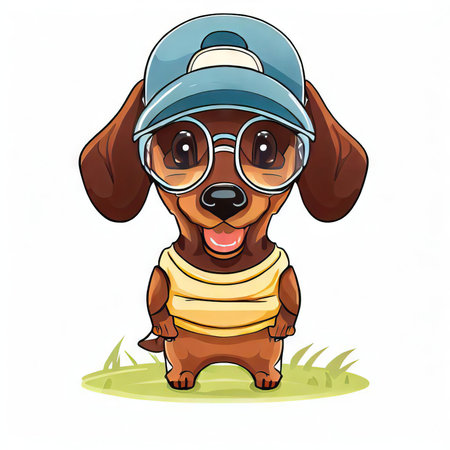 Dachshund dog wearing a baseball cap and glasses. Vector illustration.の素材