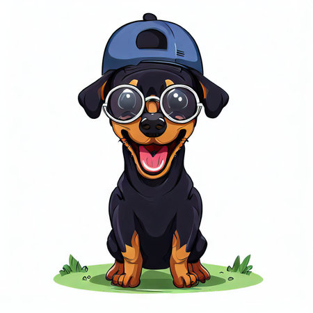 Rottweiler dog wearing glasses and baseball cap. Vector illustration.の素材