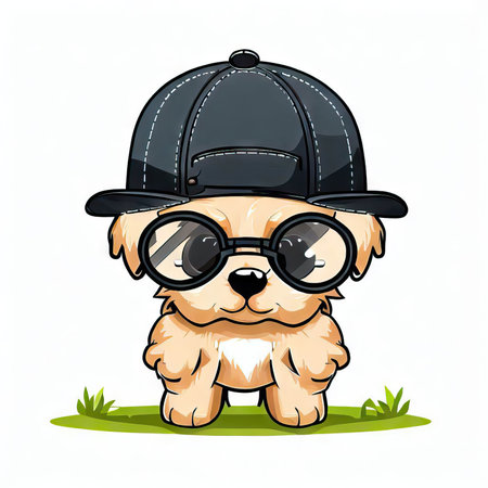 Cute puppy in cap and glasses isolated on white background. Vector illustration.の素材