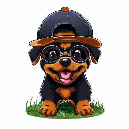 Funny dog in a baseball cap and glasses. Vector illustration.の素材