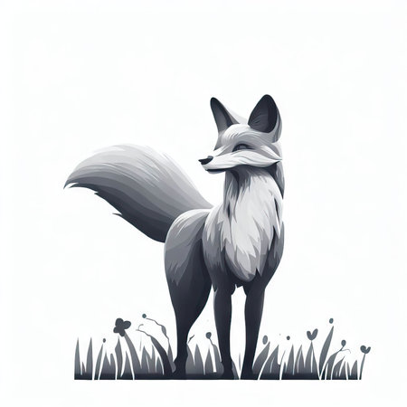Vector illustration of a fox standing in the grass on a white backgroundの素材