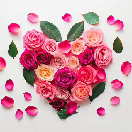 Heart shape made of pink and red roses with petals on white backgroundの素材