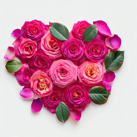 Heart shape made of pink roses and green leaves on white background.の素材