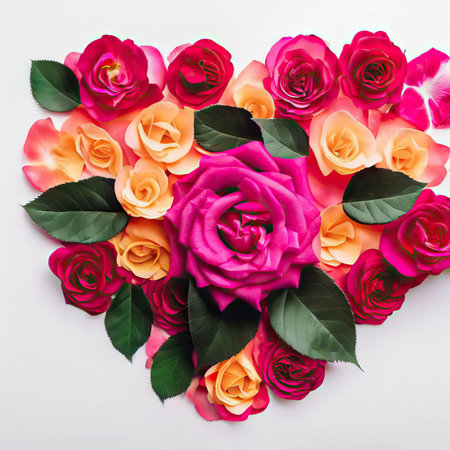 Heart shape made of colorful roses on white background, top view. Valentine's day conceptの素材