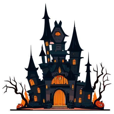 Halloween castle with spooky forest. Vector illustration isolated on white background.のイラスト素材