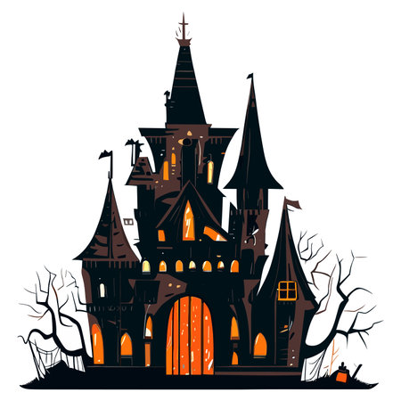 Halloween haunted castle with spooky spooky trees, vector illustrationのイラスト素材