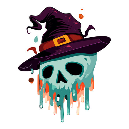 Halloween vector illustration with skull in witch hat and dripping blood.のイラスト素材